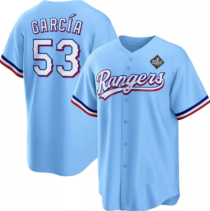 Texas Rangers #53 Adolis Garc¨ªa Blue Jereymy 2023 World Series Cool Base Stitched Jersey