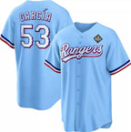 Texas Rangers #53 Adolis Garc¨ªa Blue Jereymy 2023 World Series Cool Base Stitched Jersey