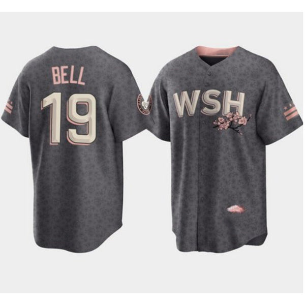 Washington Nationals #19 Josh Bell 2022 Grey Jereymy City Connect Cherry Blossom Cool Base Stitched Jersey