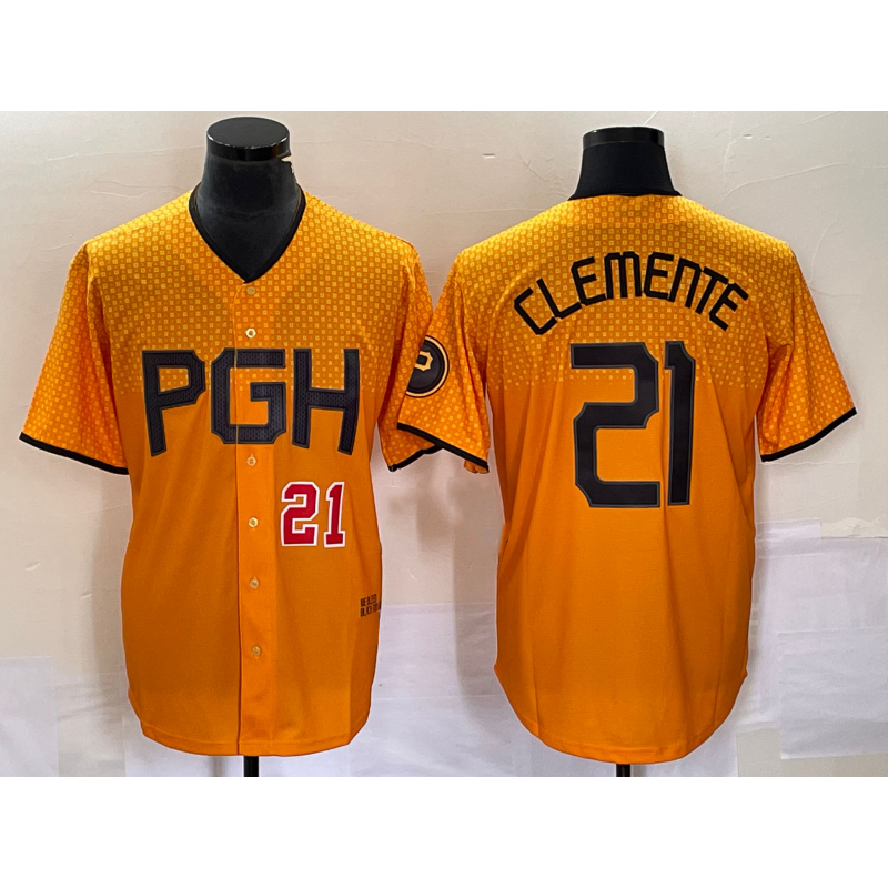 Pittsburgh Pirates #21 Roberto Clemente Number Gold Jereymy 2023 City Connect Stitched Jersey 3