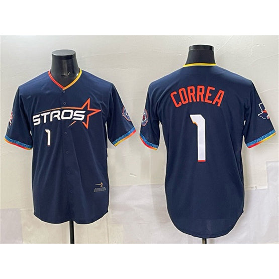 Houston Astros #1 Carlos Correa Navy Jereymy 2025 City Connect With Texas Patch Limited Stitched Jersey