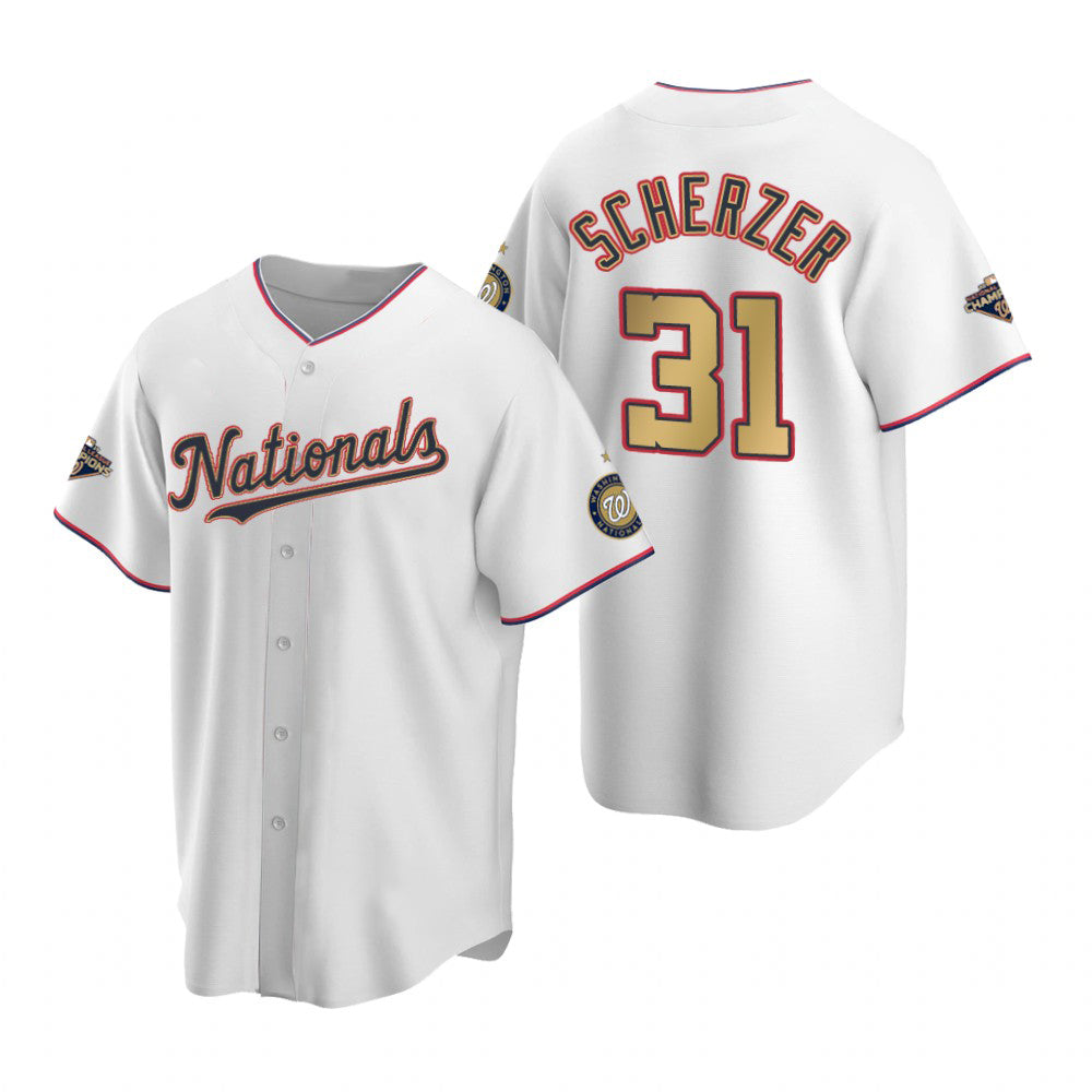 Washington Nationals #31 Max Scherzer White Gold Jereymy 2019 World Series Champions Stitched Cool Base Jersey