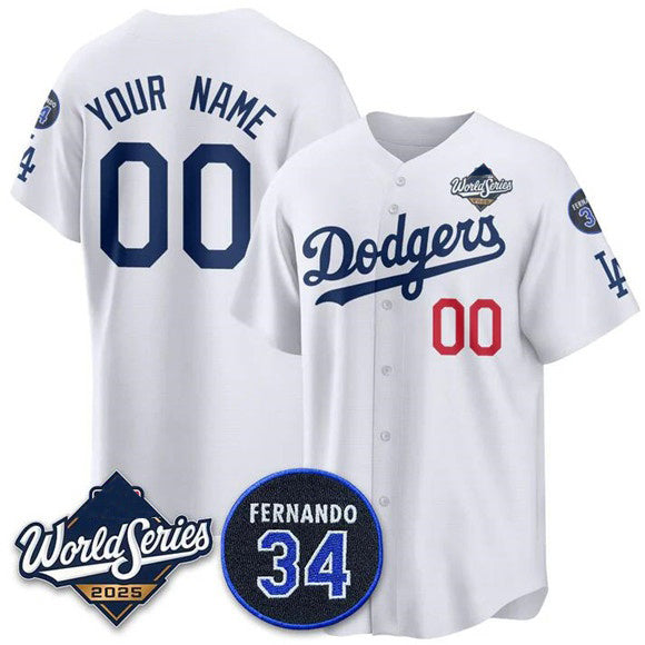 Custom Los Angeles Dodgers ACTIVE PLAYER White Jereymy 2025 World Series With No. 34 Patch Limited Stitched Jersey