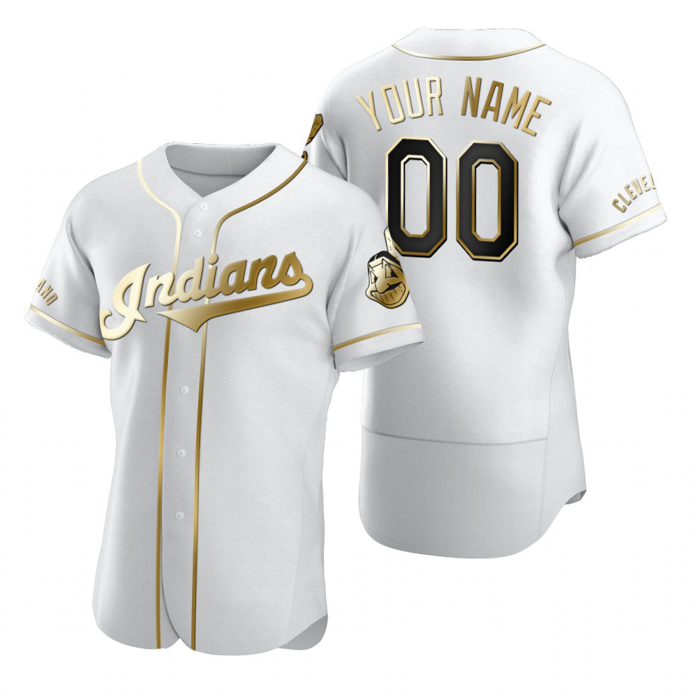 Custom Cleveland Indians White Jereymy Stitched Flex Base Golden Edition Jersey