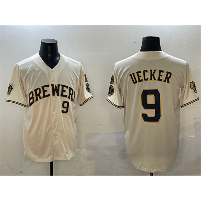 Milwaukee Brewers #9 Bob Uecker Cream Jereymy With Home Patch Limited Stitched Baseball Jersey