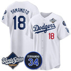 Los Angeles Dodgers #18 Yoshinobu Yamamoto White Jereymy 2025 World Series With No. 34 Patch Limited Stitched Jersey