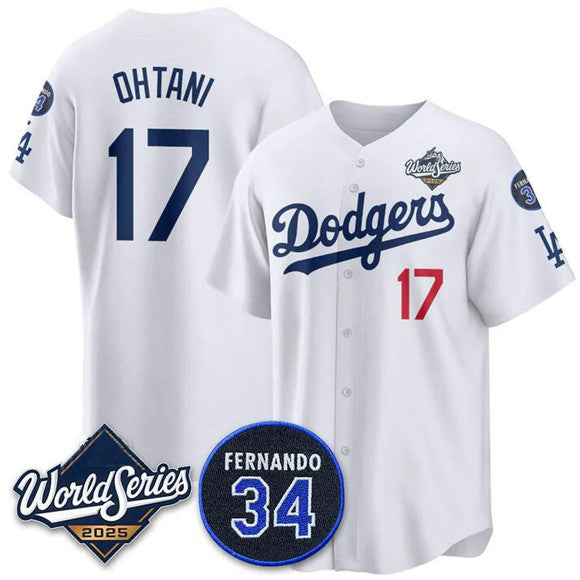 Los Angeles Dodgers #17 Shohei Ohtani White Jereymy 2025 World Series With No. 34 Patch Limited Stitched Jersey