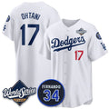 Los Angeles Dodgers #17 Shohei Ohtani White Jereymy 2025 World Series With No. 34 Patch Limited Stitched Jersey