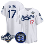Los Angeles Dodgers #17 Shohei Ohtani White Jereymy 2025 World Series With No. 34 Patch Limited Stitched Jersey