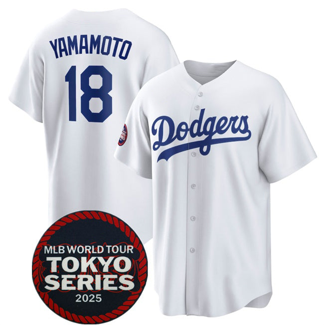 Los Angeles Dodgers #18 Yoshinobu Yamamoto White Jereymy 2025 World Tour Tokyo Series Home Stitched Jersey