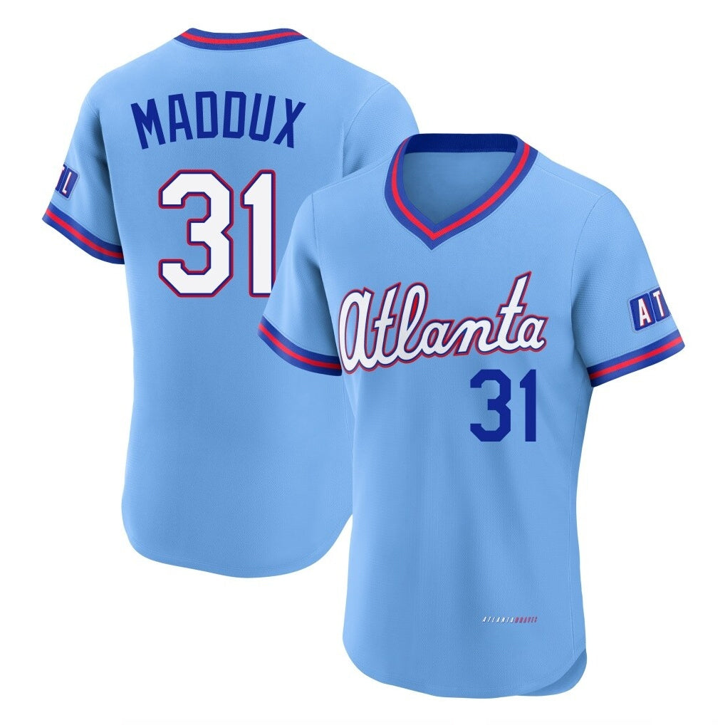 Atlanta Braves #31 Greg Maddux Player Powder Blue Jereymy 2026 City Connect T-shirt Limited Elite Home Game Stitched Jerseys