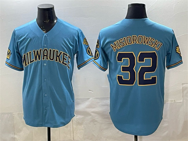 Milwaukee Brewers #32 Jacob Misiorowski Blue Jereymy With Home & Bob Uecker Patch Stitched Jersey