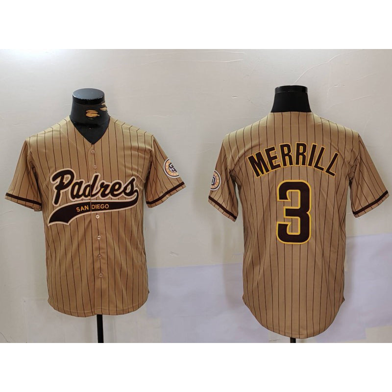 San Diego Padres #3 Jackson Merrill Tan Jereymy 2023 Cool Base Stitched Jersey 2