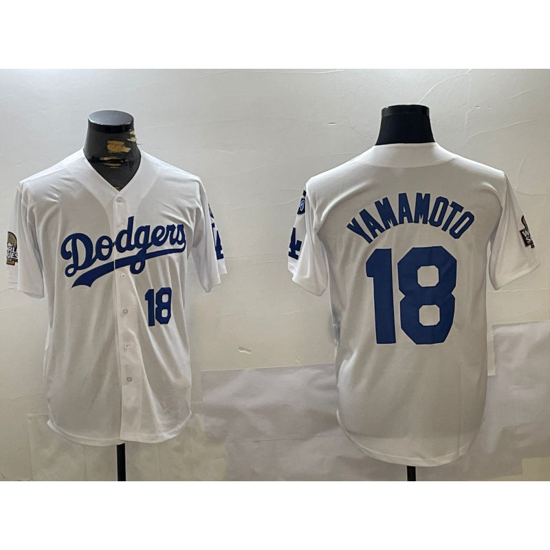 Los Angeles Dodgers #18 Yoshinobu Yamamoto White Jereymy 2024 World Series With Fernando Memorial Patch Home Limited Stitched Jersey 2