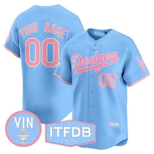 Custom Los Angeles Dodgers Vin ITFDB Patch Bubblegum Pink Vapor Premier Limited Jersey ¨C Blue Jereymy