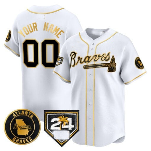 Custom Atlanta Braves 2024 Spring Training Patch Vapor Premier Limited Jersey ¨C White Gold Jereymy