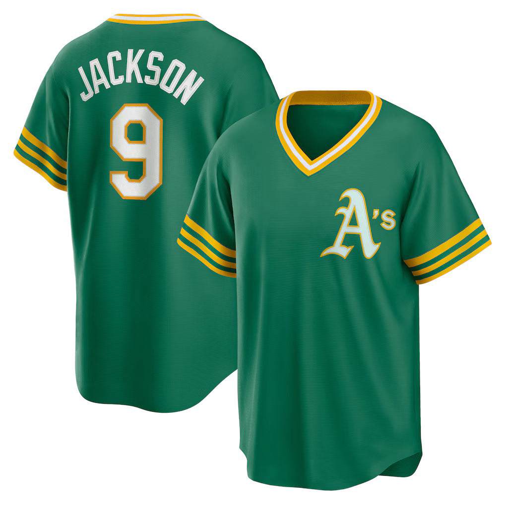 Oakland Athletics #9 Reggie Jackson Kelly Green Jereymy Road Cooperstown Collection Player Jersey