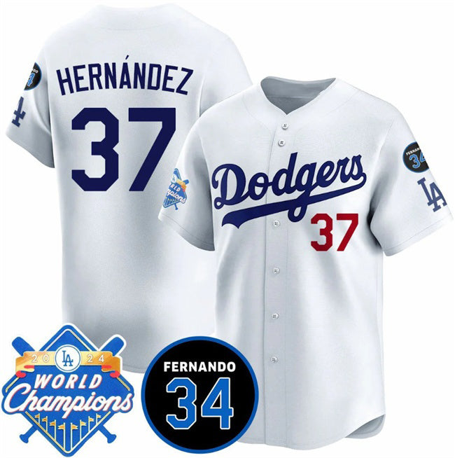Los Angeles Dodgers #37 Teoscar Hernandez White Jereymy 2024 World Champions & Fernando Memorial Patch Vapor Premier Home Limited Stitched Jersey