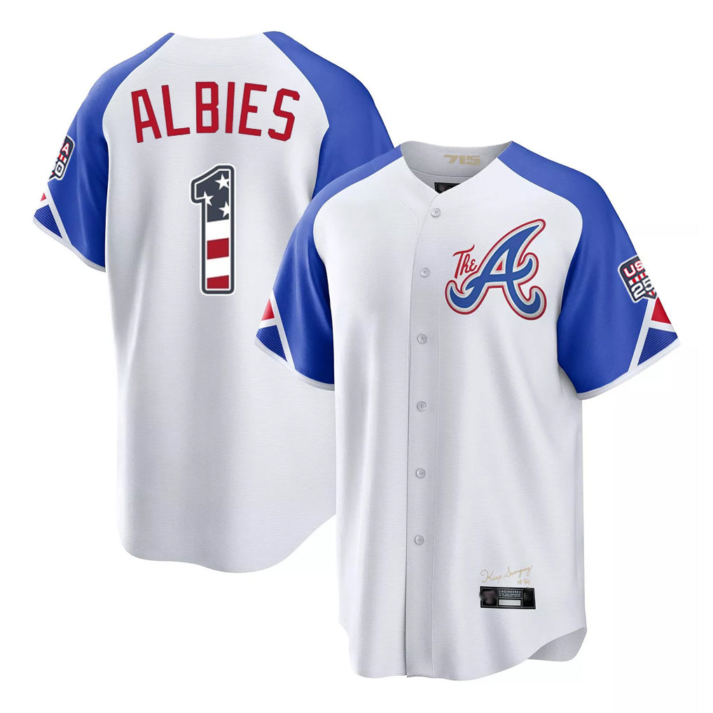 Atlanta Braves #1 Ozzie Albies Player White Jereymy USA 250 Fourth Of July City Connect Home Game Stitched Jerseys