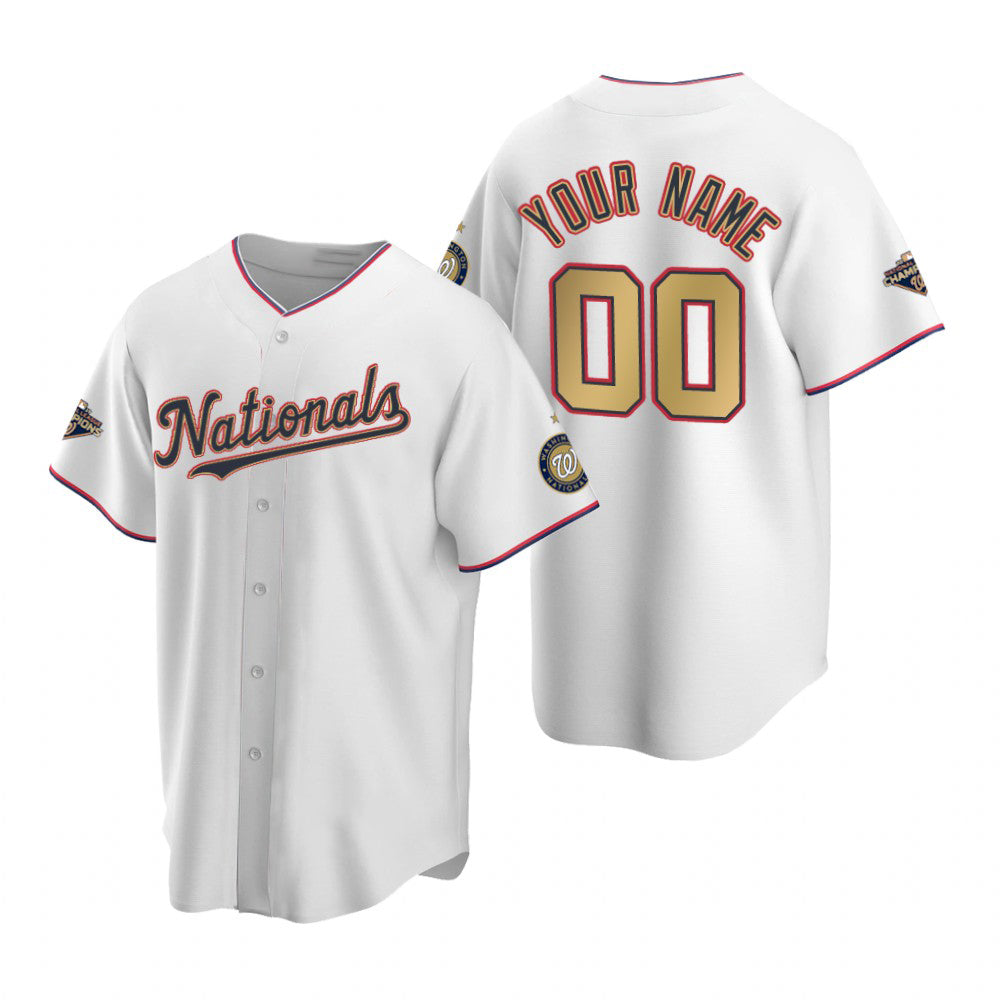 Custom Washington Nationals White Gold Jereymy 2019 World Series Champions Stitched Cool Base Jersey