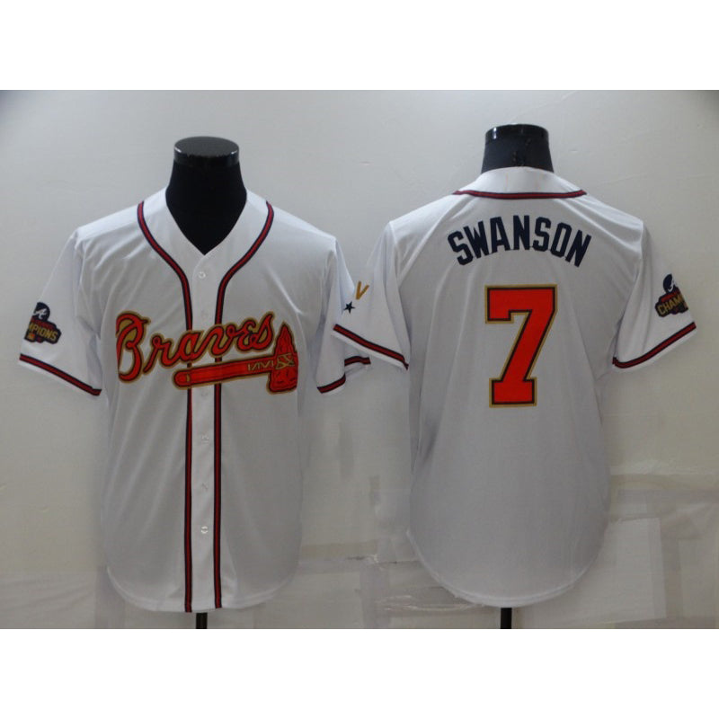 Atlanta Braves#7 Dansby Swanson 2022 White Jereymy Gold World Series Champions Program Cool Base Stitched Jersey