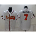 Atlanta Braves#7 Dansby Swanson 2022 White Jereymy Gold World Series Champions Program Cool Base Stitched Jersey