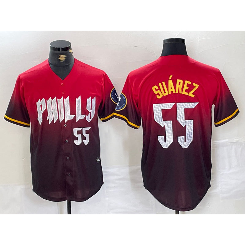 Philadelphia Phillies #55 Ranger Suarez Red Jereymy 2024 City Player Number Cool Base Jersey 3