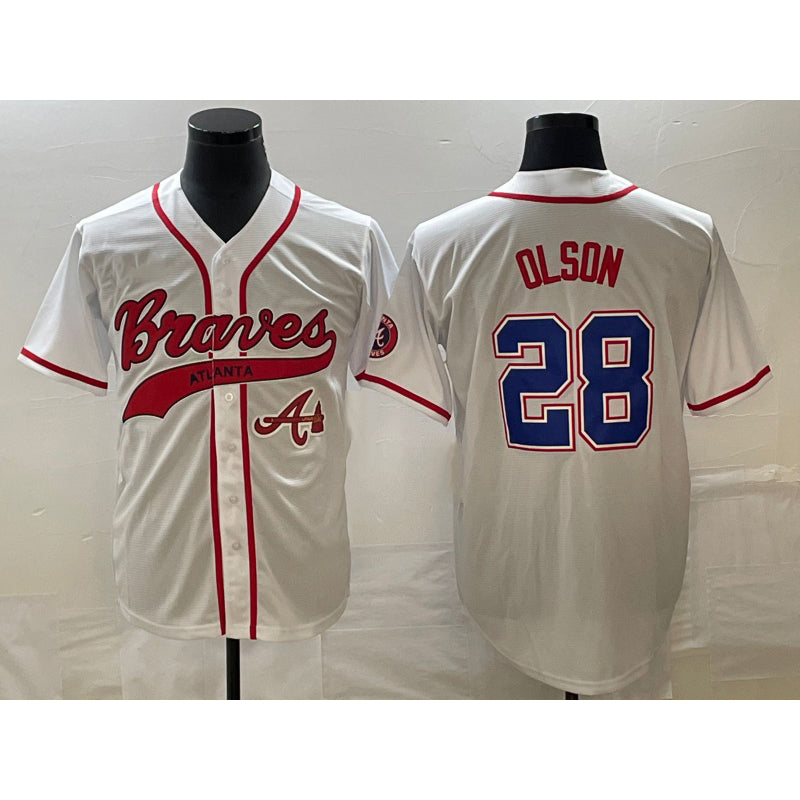 Atlanta Braves #28 Matt Olson White Jereymy Cool Base With Patch Stitched Jersey