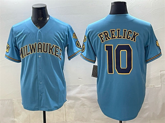 Milwaukee Brewers #10 Sal Frelick Blue Jereymy With Home & Bob Uecker Patch Stitched Jersey