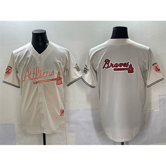Atlanta Braves Team Big Logo Cream Jereymy 2024 Atliens & Peach With Outkast Patch Vapor Limited Stitched Jersey