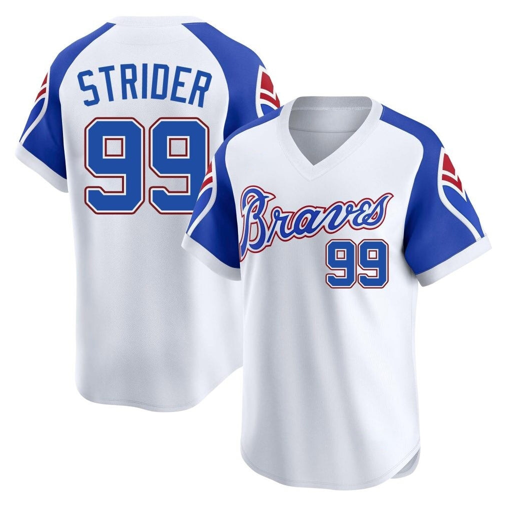 Atlanta Braves #99 Spencer Strider Player White Jereymy Throwback Cooperstown Collection T-shirt Game Stitched Jerseys