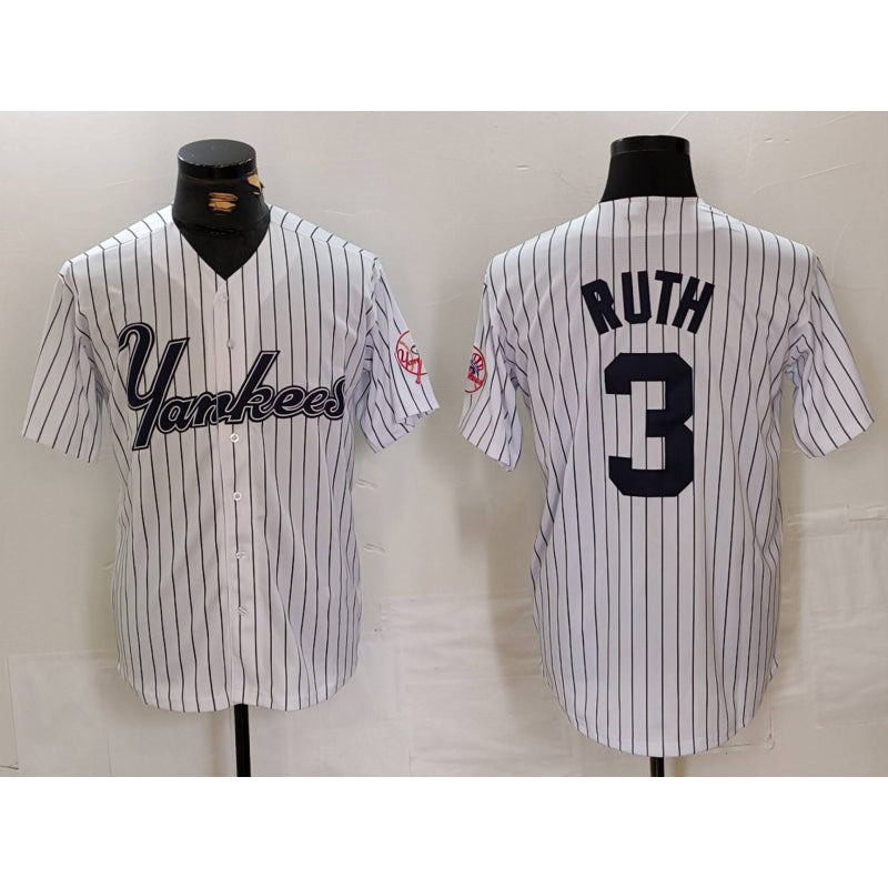 New York Yankees #3 Babe Ruth White Jereymy Pinstripe Fashion Cool Base Jersey 3
