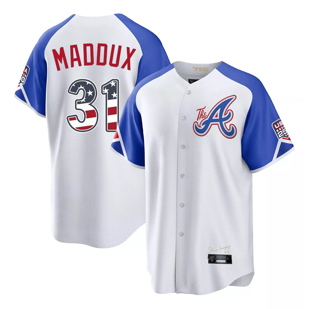 Atlanta Braves #31 Greg Maddux Player White Jereymy USA 250 Fourth Of July City Connect Home Game Stitched Jerseys