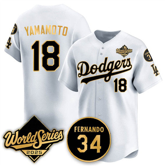 Los Angeles Dodgers #18 Yoshinobu Yamamoto White Gold Jereymy 2025 World Series With No.34 Patch Limited Stitched Jersey