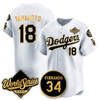 Los Angeles Dodgers #18 Yoshinobu Yamamoto White Gold Jereymy 2025 World Series With No.34 Patch Limited Stitched Jersey
