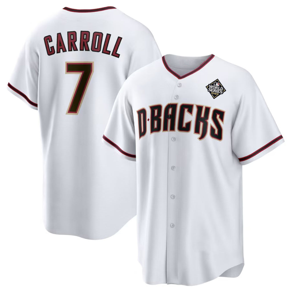 Arizona Diamondbacks #7 Corbin Carroll White Jereymy 2023 World Series Cool Base Stitched Jersey 2