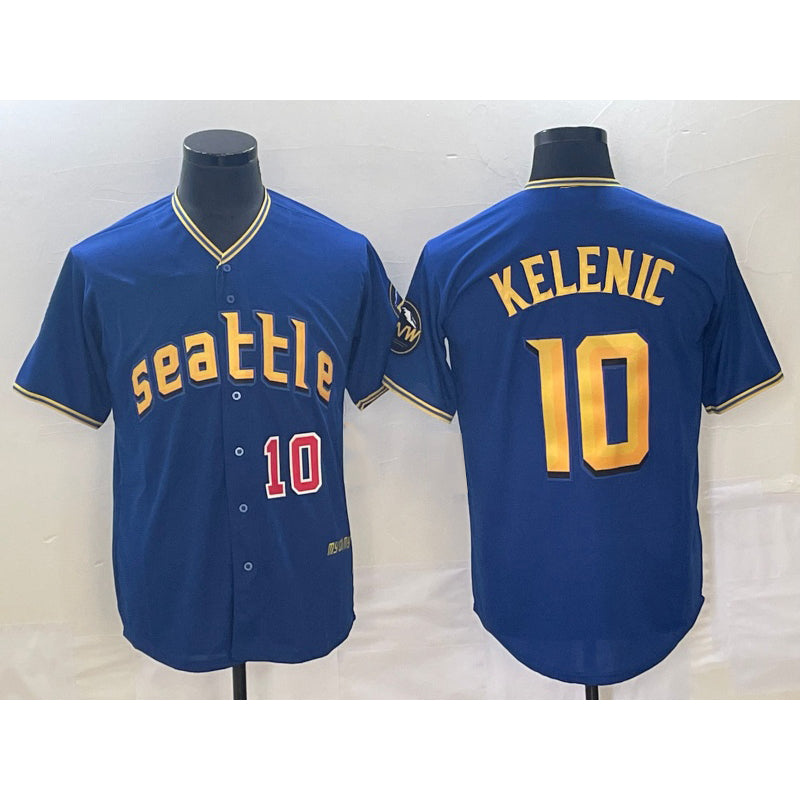 Seattle Mariners #10 Jarred Kelenic Number Blue Jereymy 2023 City Connect Cool Base Stitched Jersey