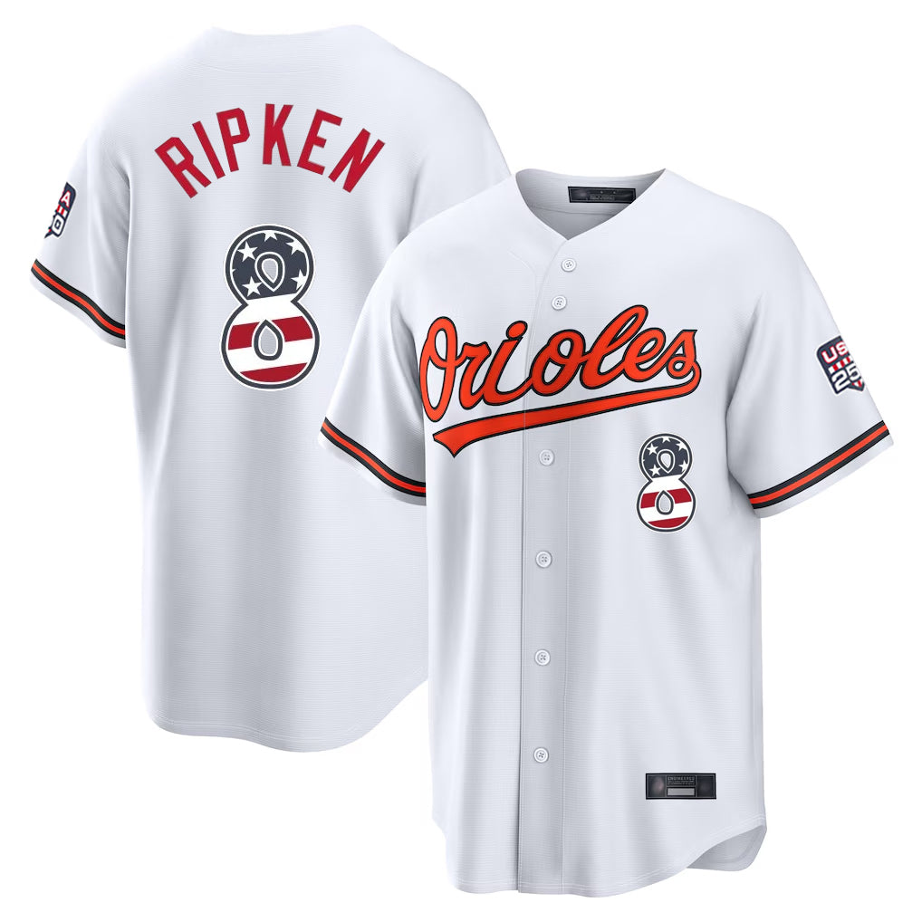 Baltimore Orioles #8 Cal Ripken Player White Jereymy USA 250 Fourth of July Home Game Stitched Jerseys
