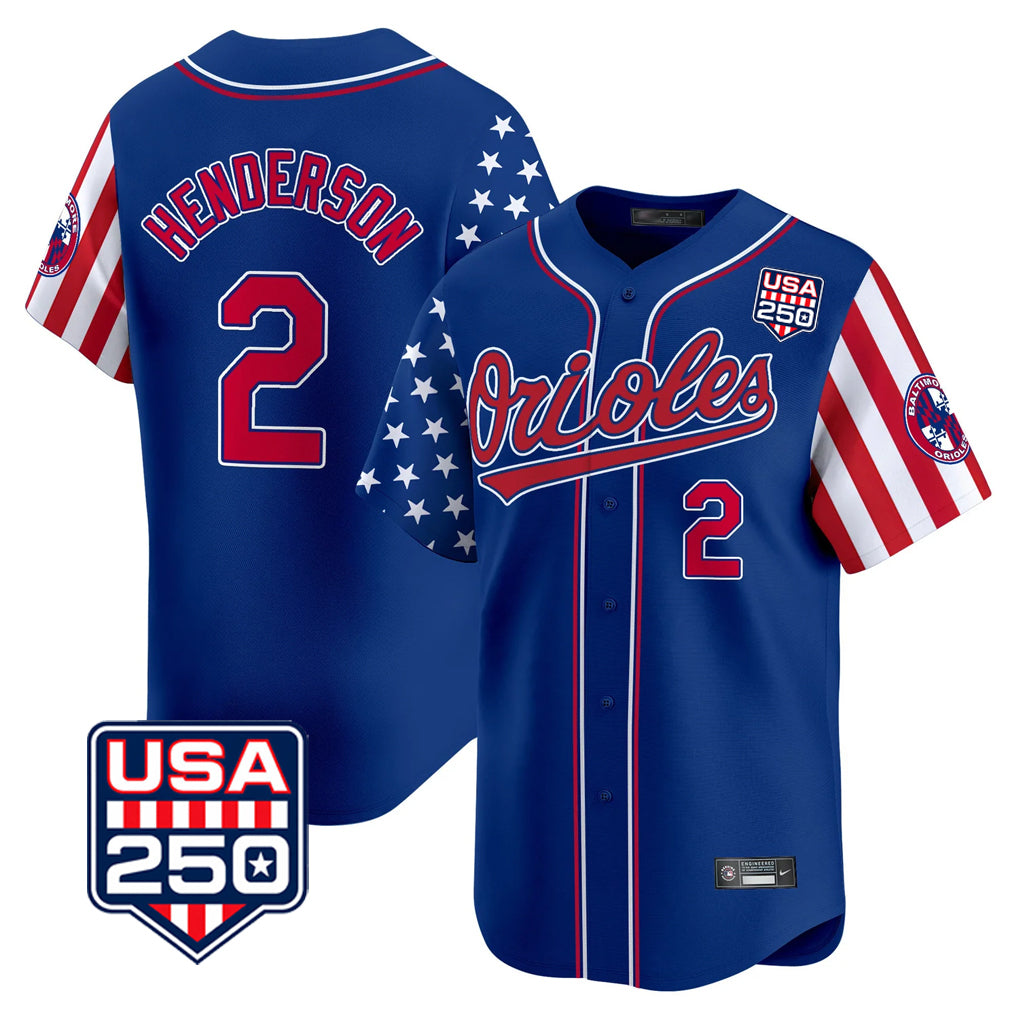 Baltimore Orioles #2 Gunnar Henderson Player Royal Jereymy USA 250 Independence Day Vapor Premier Limited Home Game Stitched Jerseys