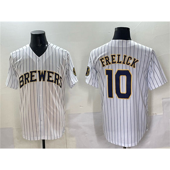 Milwaukee Brewers #10 Sal Frelick White Jereymy Pinstripe 2025 With Patch Stitched Jersey