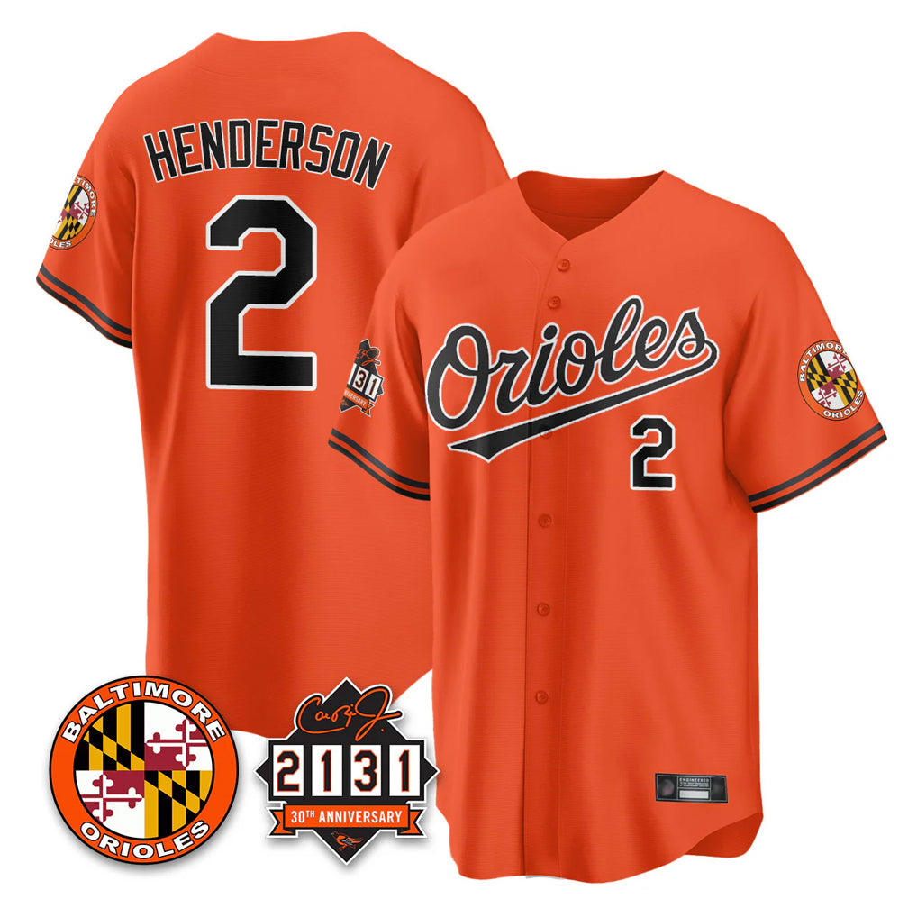 Baltimore Orioles #2 Gunnar Henderson Player Orange Jereymy 30th Anniversary of 2131 Home Game Stitched Jerseys
