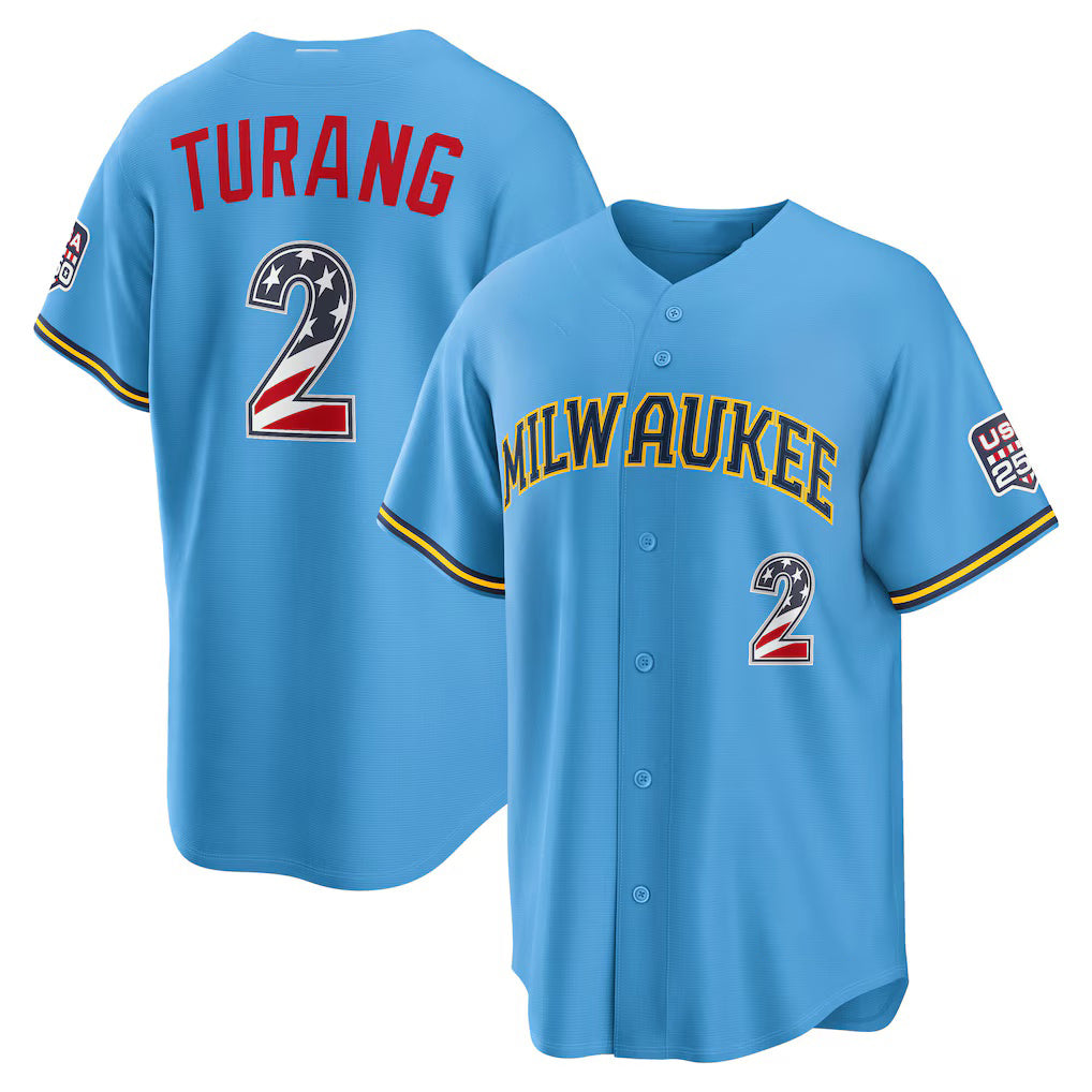 Milwaukee Brewers #2 Brice Turang USA 250 Fourth of July Road Stadium Jersey - Light Blue Jereymy