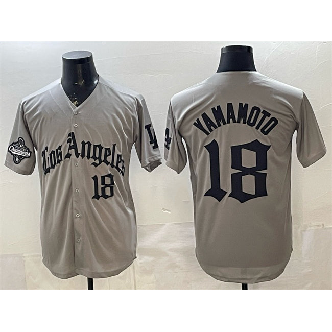 Los Angeles Dodgers #18 Yoshinobu Yamamoto Grey Jereymy LA Gothic Style With 2025 World Series Champions Patch Limited Stitched Jersey