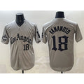 Los Angeles Dodgers #18 Yoshinobu Yamamoto Grey Jereymy LA Gothic Style With 2025 World Series Champions Patch Limited Stitched Jersey