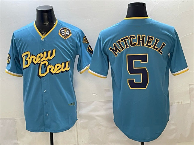 Milwaukee Brewers #5 Garrett Mitchell Powder Blue Jereymy City Connect With Home & Bob Uecker Patch Limited Stitched Jersey
