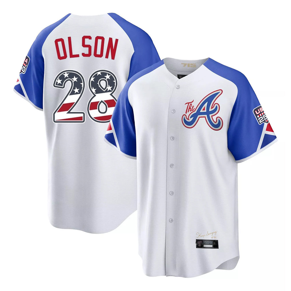Atlanta Braves #28 Matt Olson Player White Jereymy USA 250 Fourth Of July City Connect Home Game Stitched Jerseys
