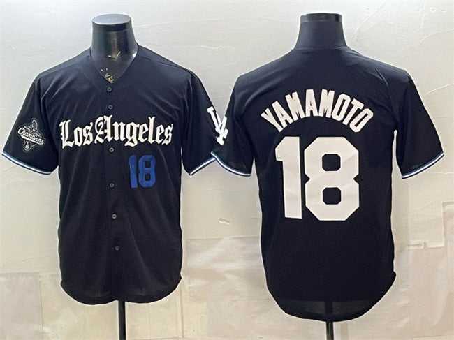 Los Angeles Dodgers #18 Yoshinobu Yamamoto Black Jereymy 2025 World Series Champions Patch 'Gothic Edition' Vapor Premier Limited Stitched Jersey