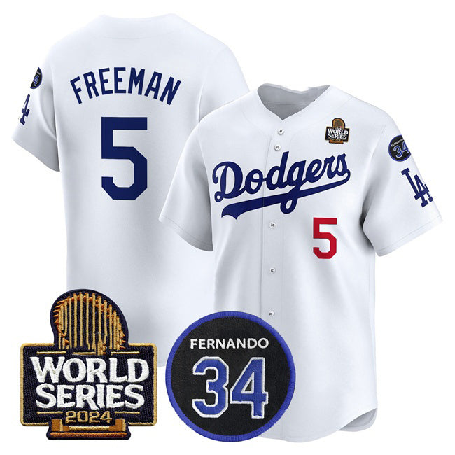 Los Angeles Dodgers #5 Freddie Freeman White Jereymy 2024 World Series With Fernando Memorial Patch Limited Stitched Jersey