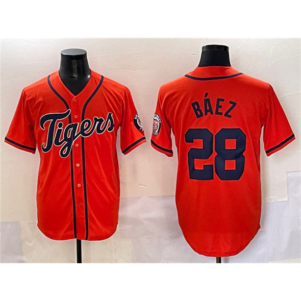 Detroit Tigers #28 Javier B¨¢ez Orange Jereymy With Patch Cool Base Stitched Jersey