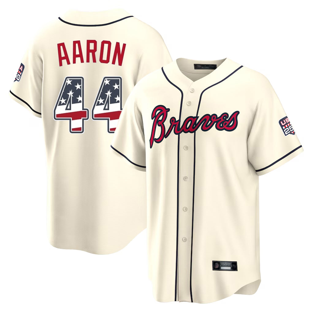 Atlanta Braves #44 Hank Aaron Player Cream Jereymy USA 250 Fourth Of July Limited Home Game Stitched Jerseys